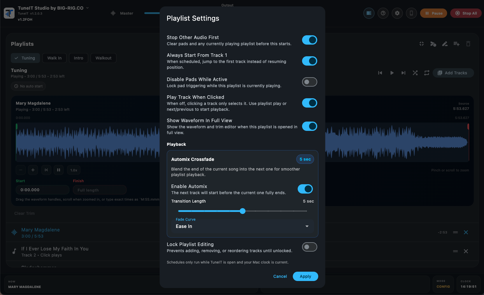 TuneIT playlist automix crossfade settings